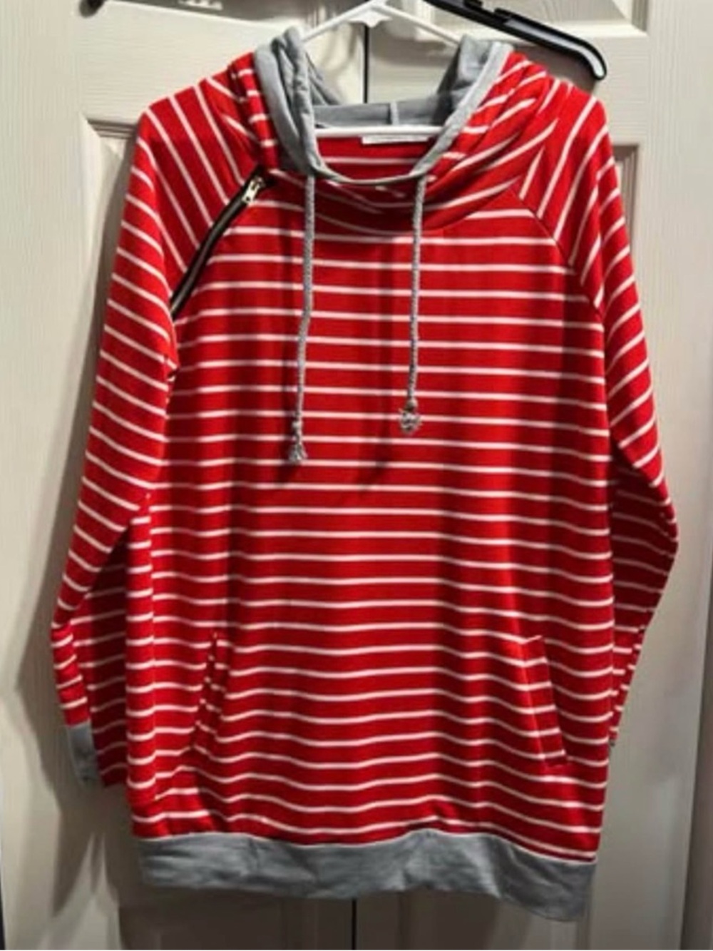 Red and White Striped Hooded Pullover with Gray Trim